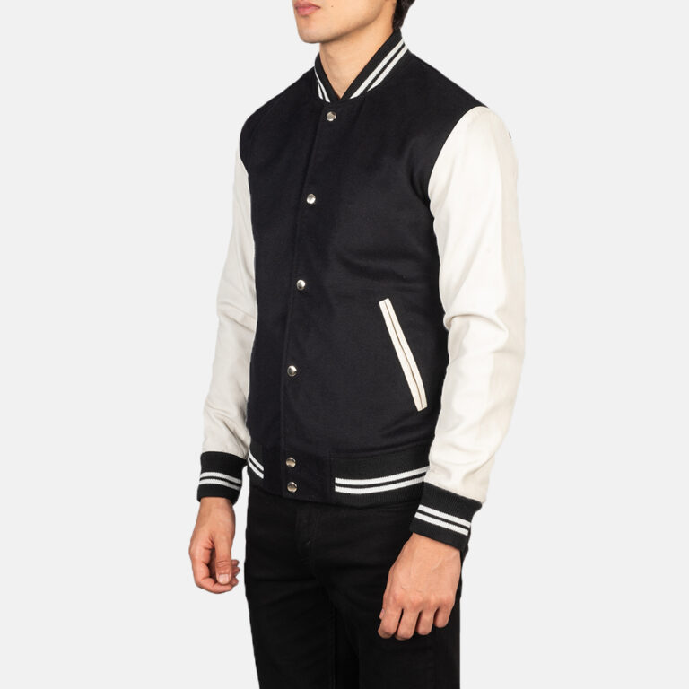Mens Vaxton Black & White Hybrid Varsity Jacket Side Pose-3-1634136208130